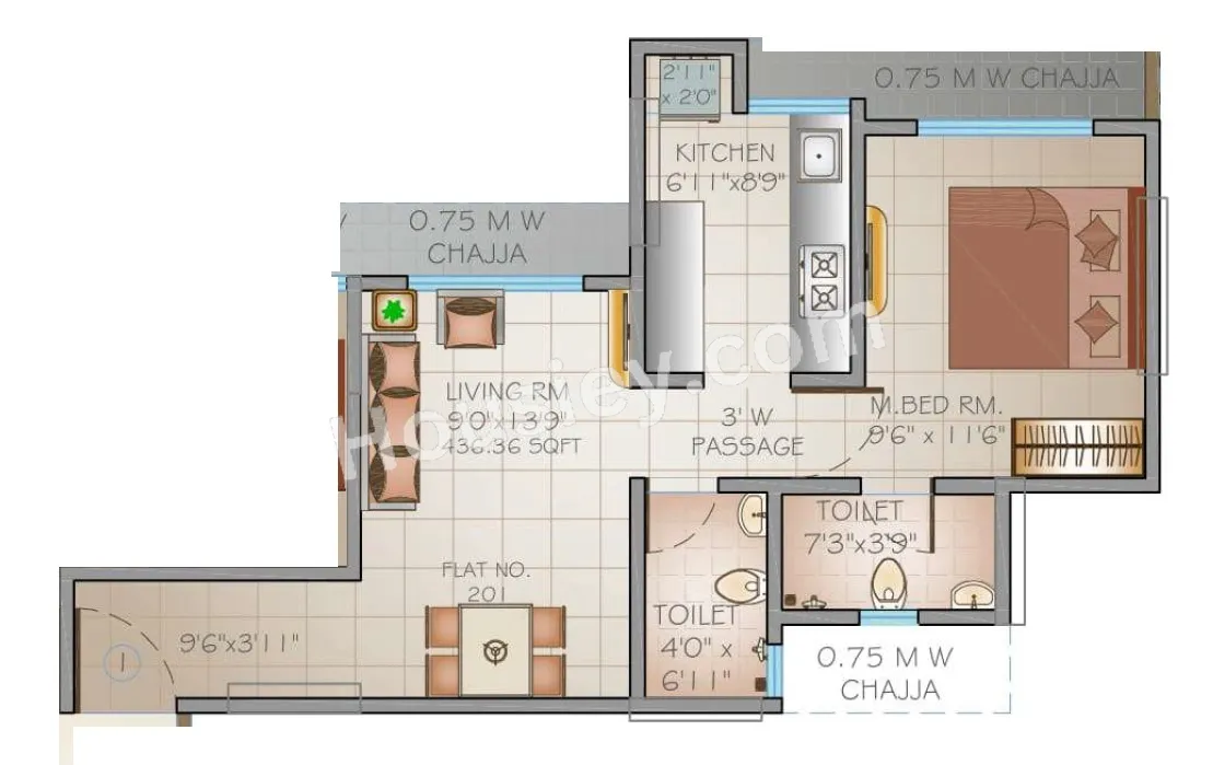 Kavya Park One Unit plan - 437 sq.ft.