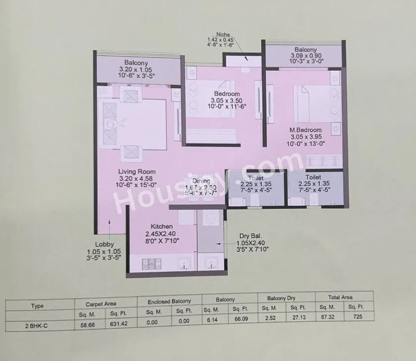 Kohinoor Central Park Unit plan - 725 sq.ft.