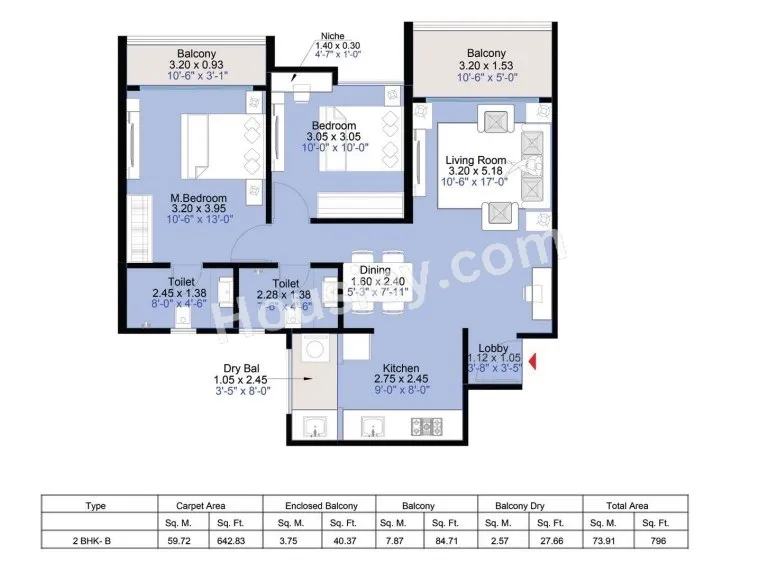 Kohinoor Central Park Unit plan - 796 sq.ft.