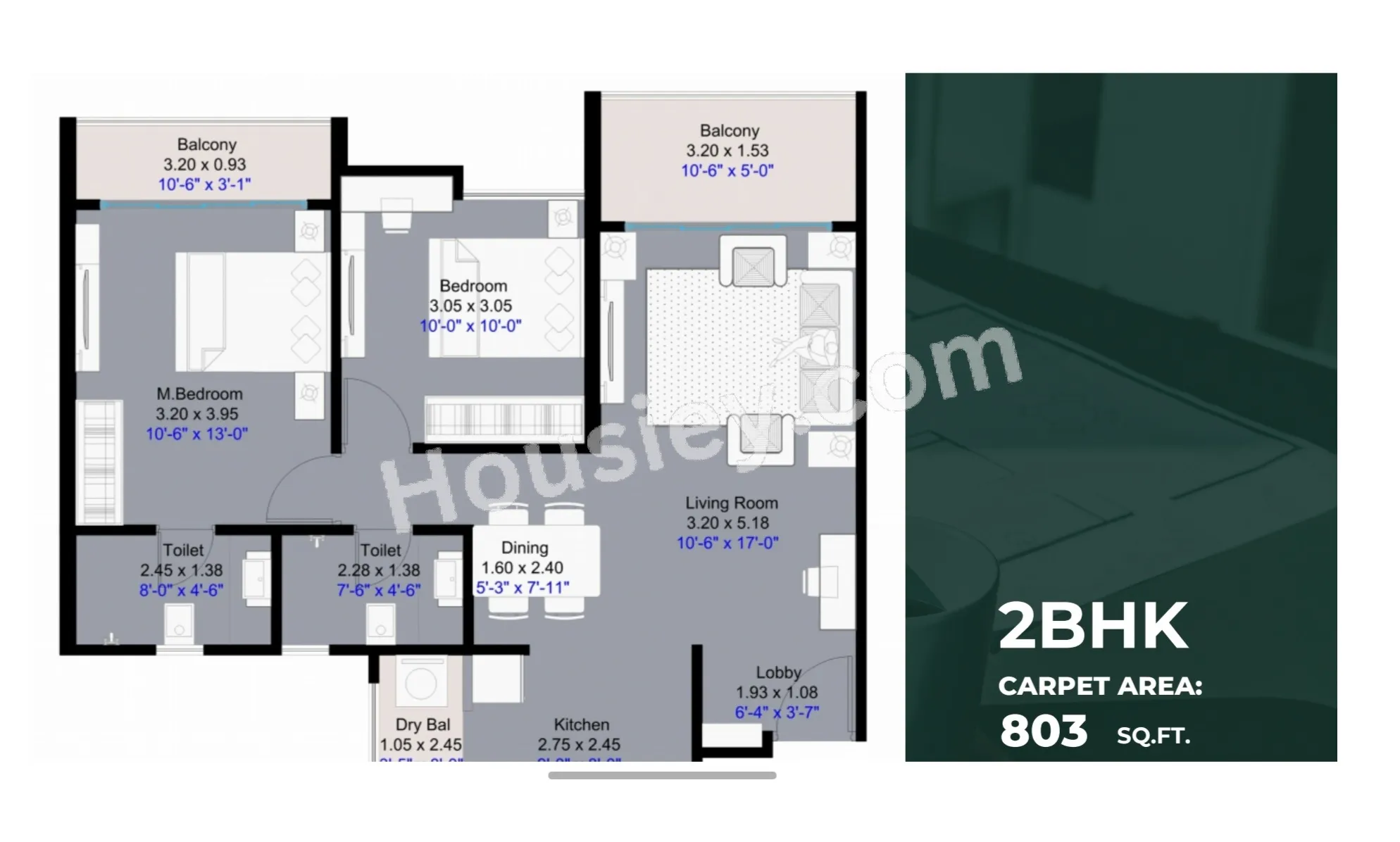 Kohinoor Central Park Unit plan - 803 sq.ft.