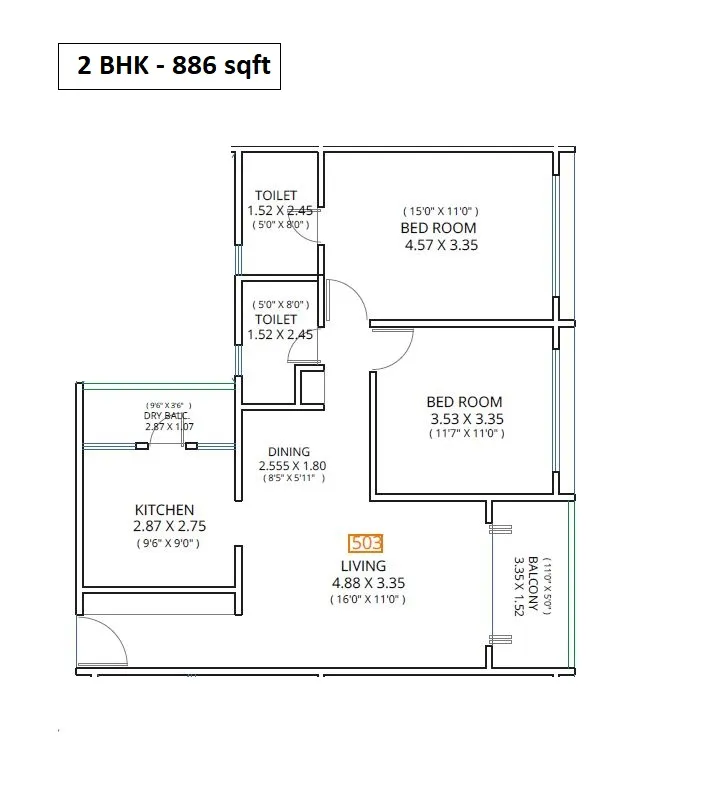 Kohinoor Zen Elite Unit plan - 886 sq.ft.