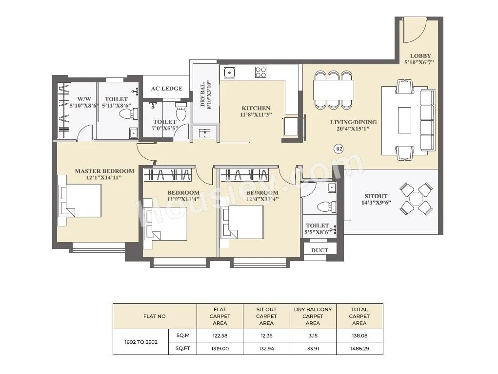 Kolte Patil 24k Sereno Unit plan - 1486 sq.ft.