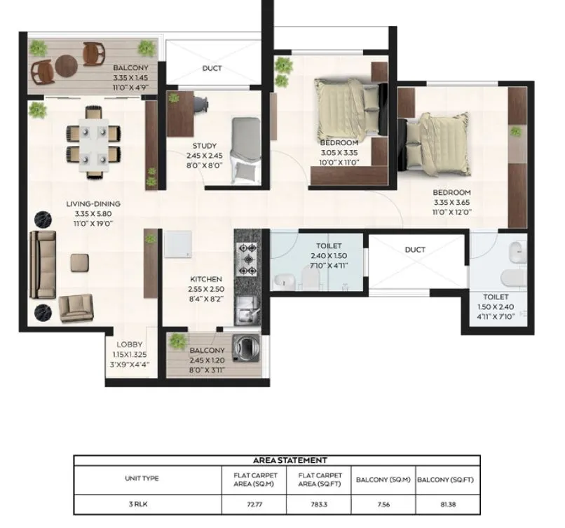 Kolte Patil First Avenue Unit plan - 865 sq.ft.
