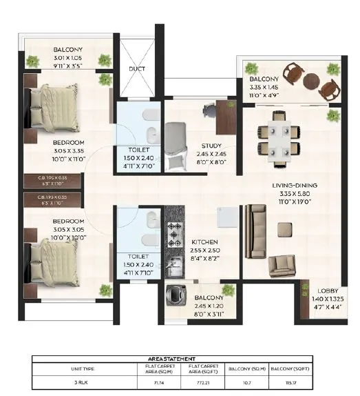 Kolte Patil First Avenue Unit plan - 887 sq.ft.