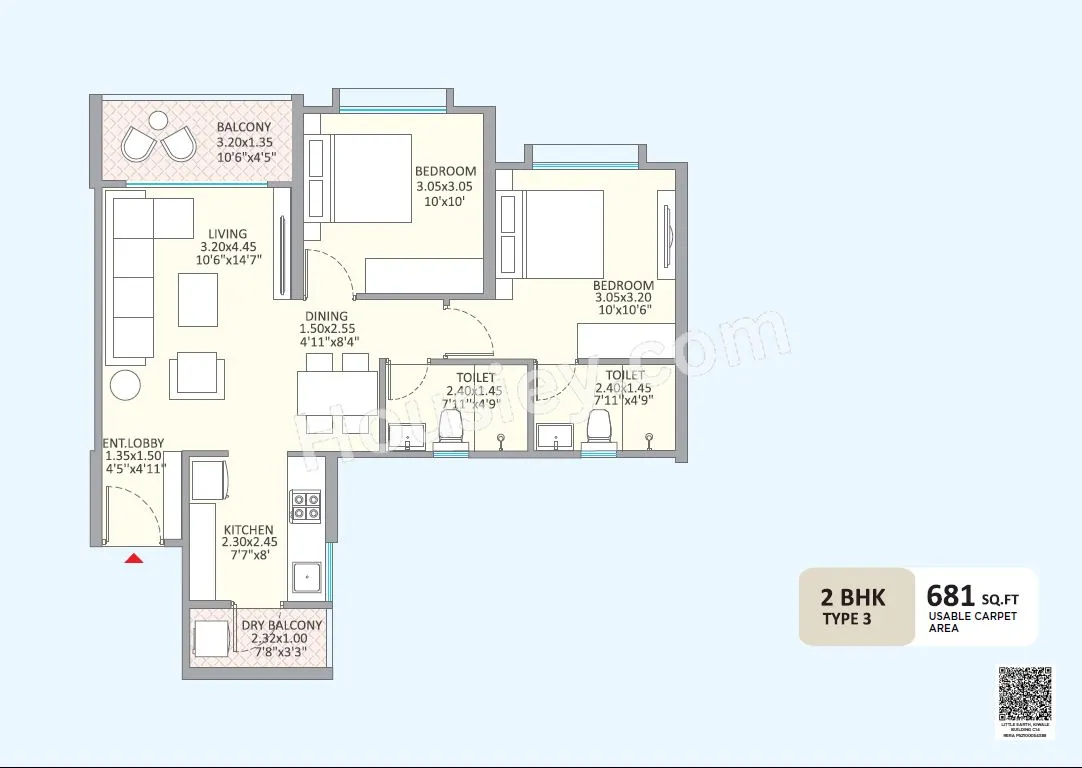 Kolte Patil Little Earth Unit plan - 681 sq.ft.