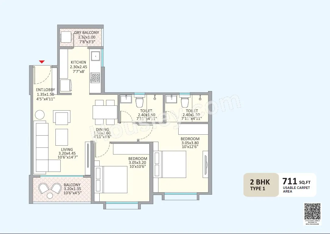 Kolte Patil Little Earth Unit plan - 711 sq.ft.