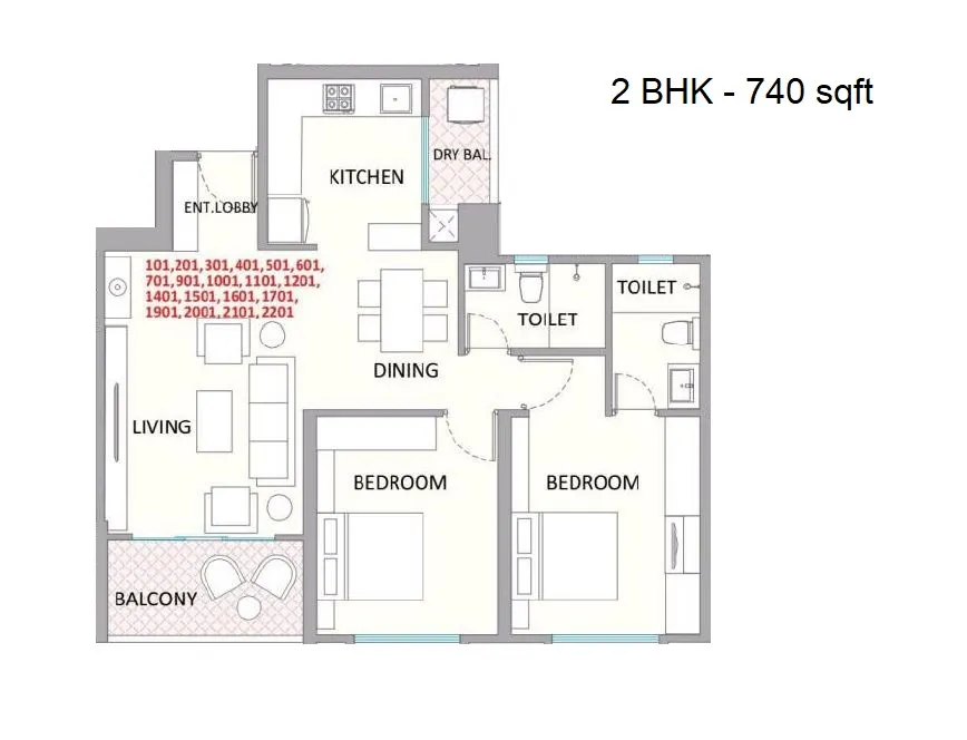 Kolte Patil Little Earth Unit plan - 740 sq.ft.
