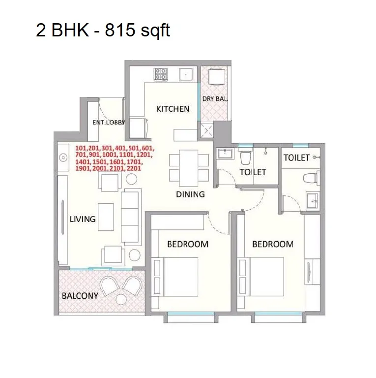 Kolte Patil Little Earth Unit plan - 815 sq.ft.