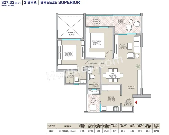 Kolte Patil Springshire Unit plan - 827 sq.ft.