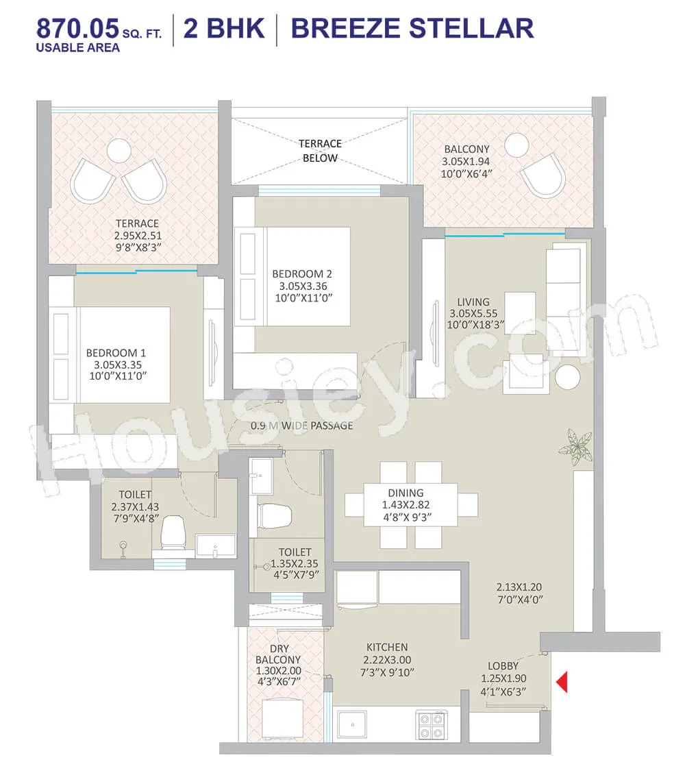 Kolte Patil Springshire Unit plan - 870 sq.ft.