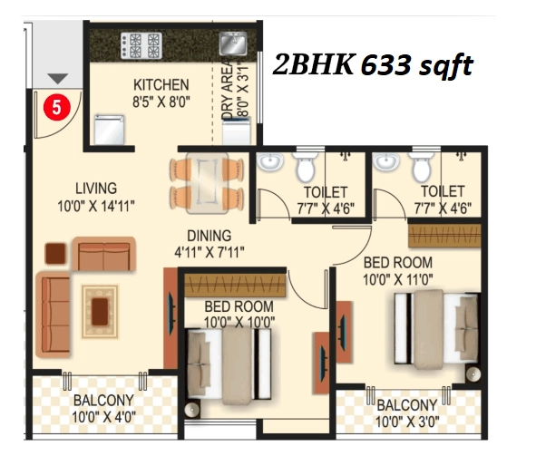Triaa Kosmic kourtyard Unit plan - 633 sq.ft.