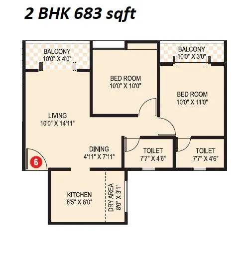 Triaa Kosmic kourtyard Unit plan - 683 sq.ft.