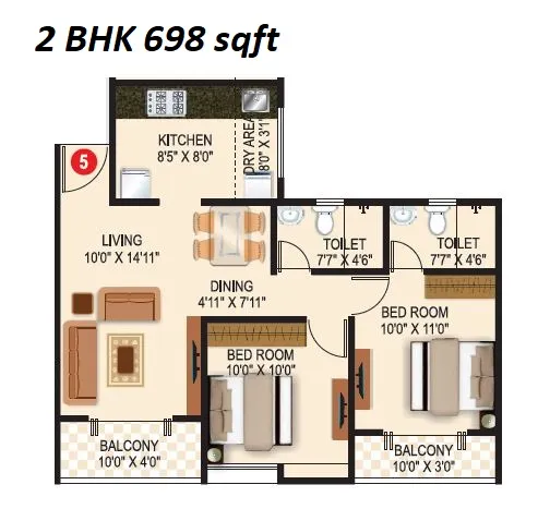 Triaa Kosmic kourtyard Unit plan - 698 sq.ft.