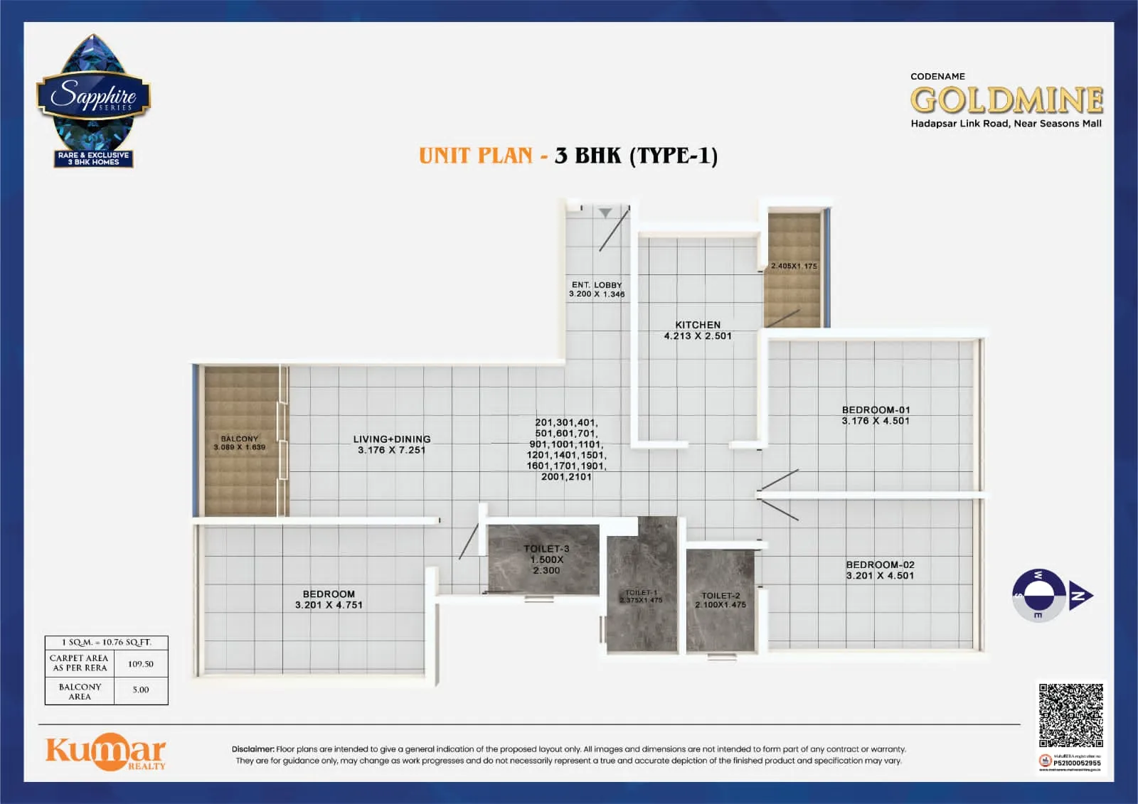 Kumar Goldmine Sapphire Unit plan - 1232 sq.ft.