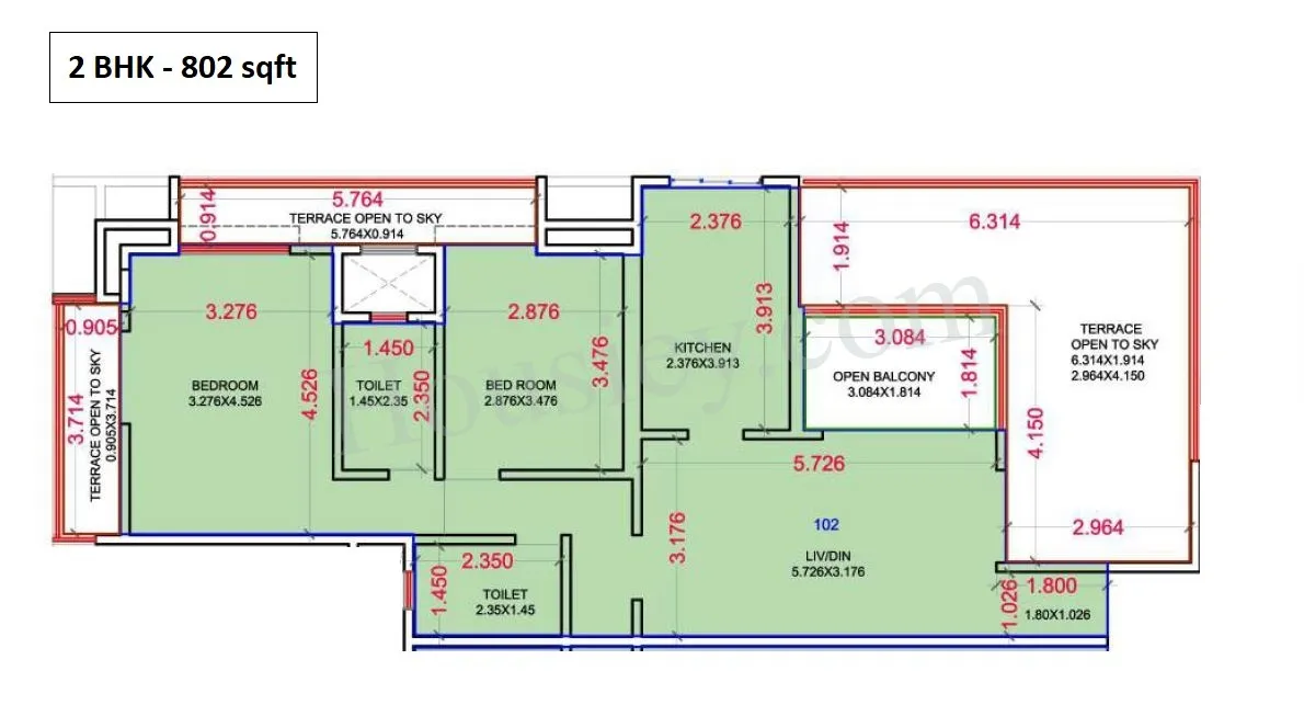 Kumar Paradise Phase - 2 Unit plan - 802 sq.ft.