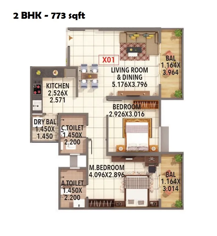 Kumar Prakruti Unit plan - 773 sq.ft.