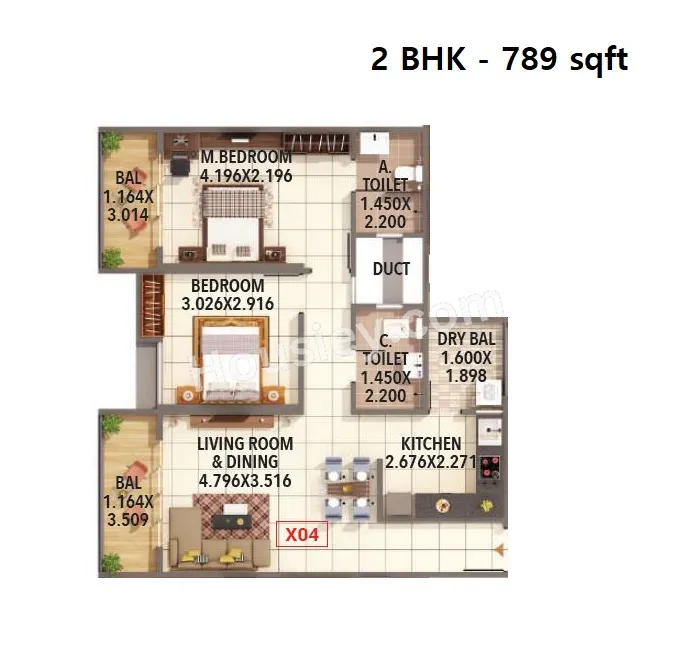 Kumar Prakruti Unit plan - 789 sq.ft.