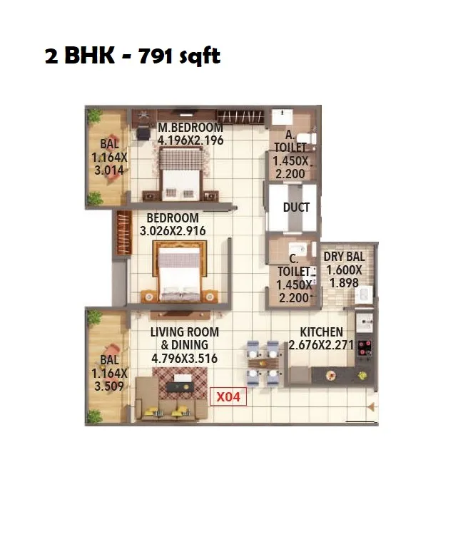 Kumar Prakruti Unit plan - 791 sq.ft.