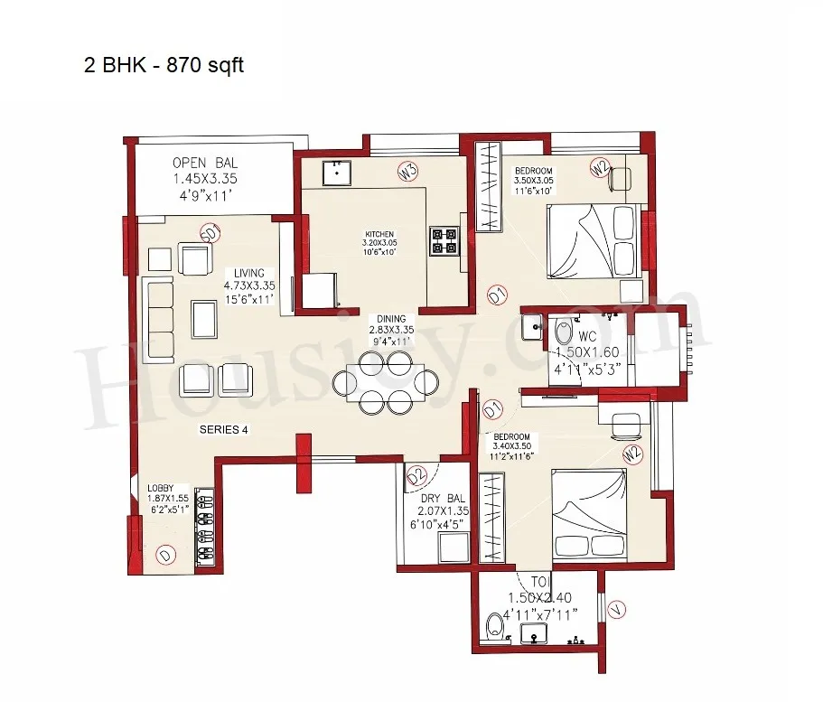 Kakkad La Vida Unit plan - 870 sq.ft.