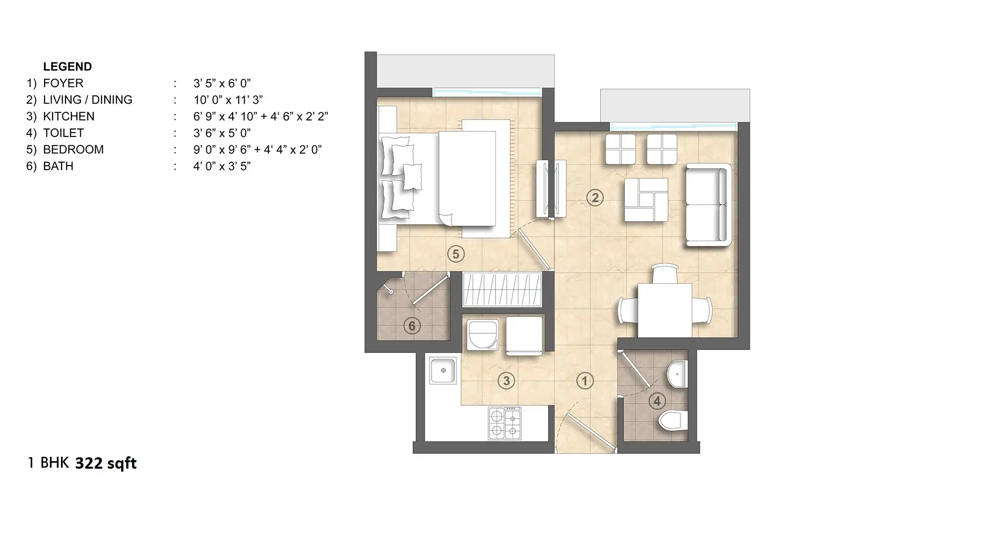 Lodha Crown Kolshet Unit plan - 322 sq.ft.