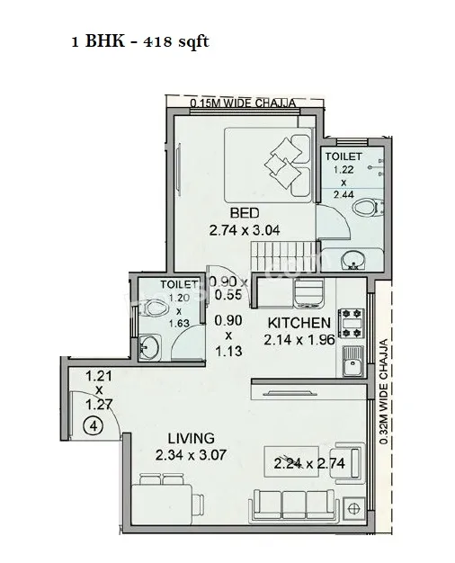 MK Emerald Unit plan - 418 sq.ft.