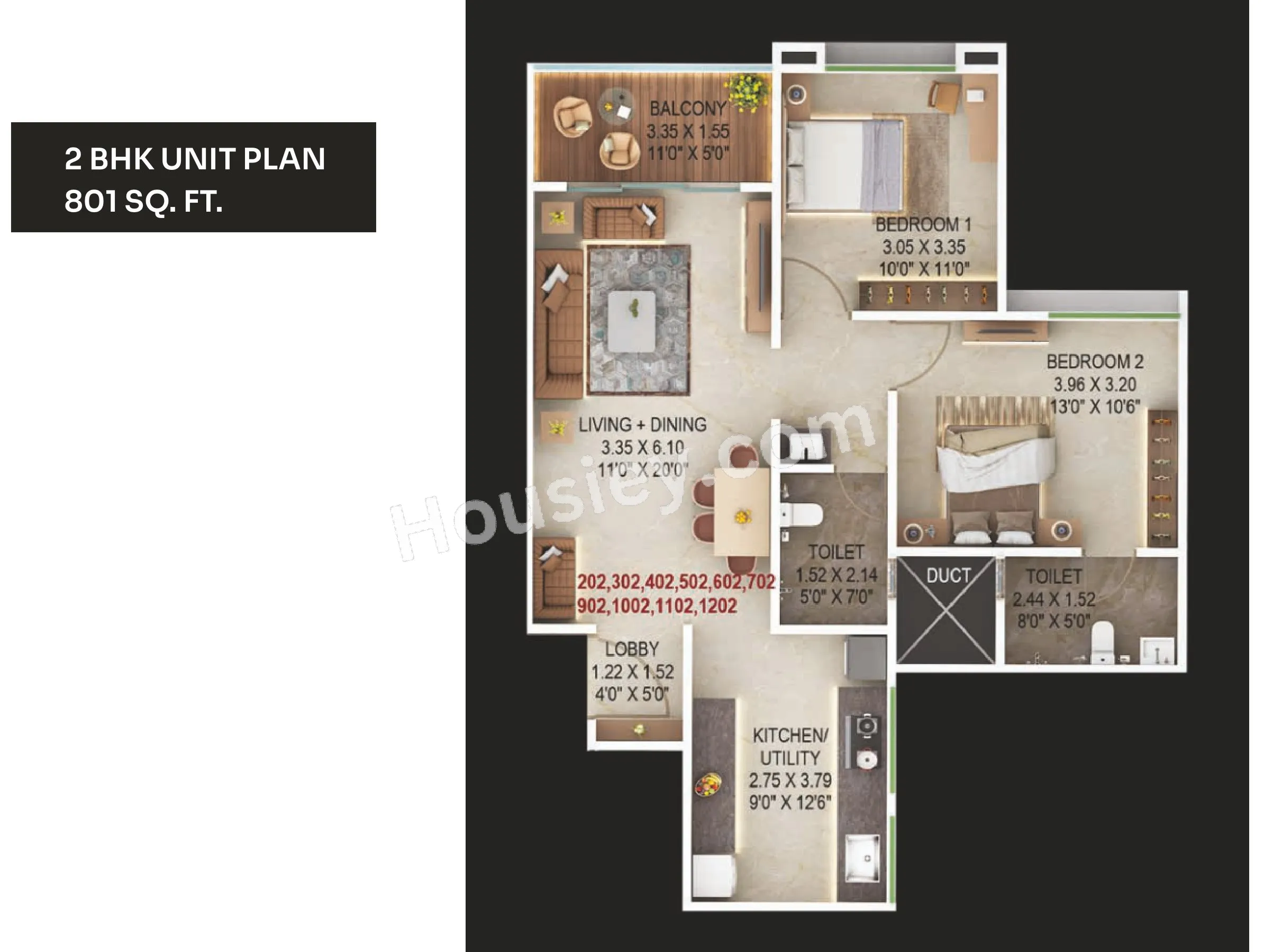 Majestique Aravali Unit plan - 801 sq.ft.