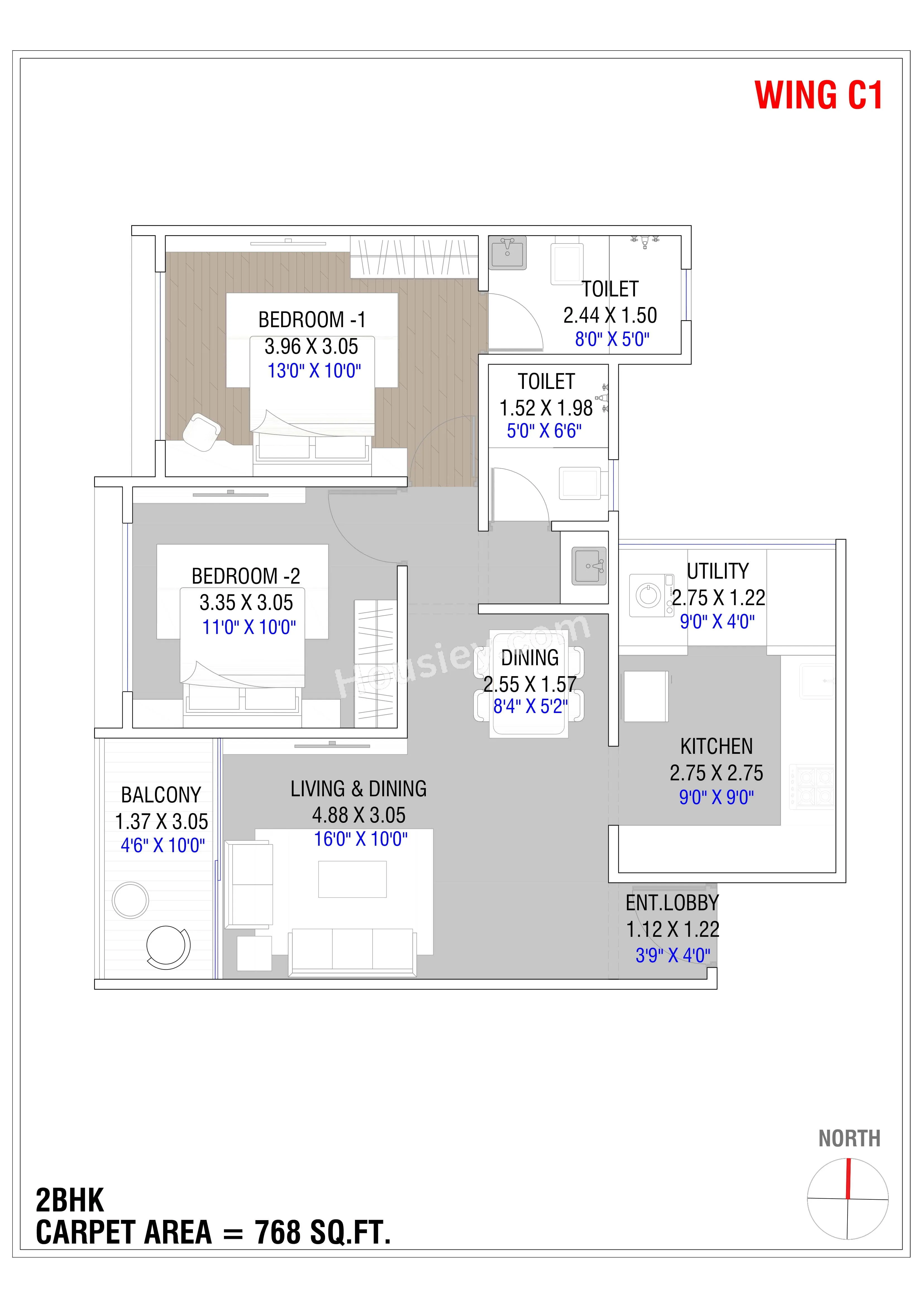 Majestique Mrugavarsha Unit plan - 768 sq.ft.