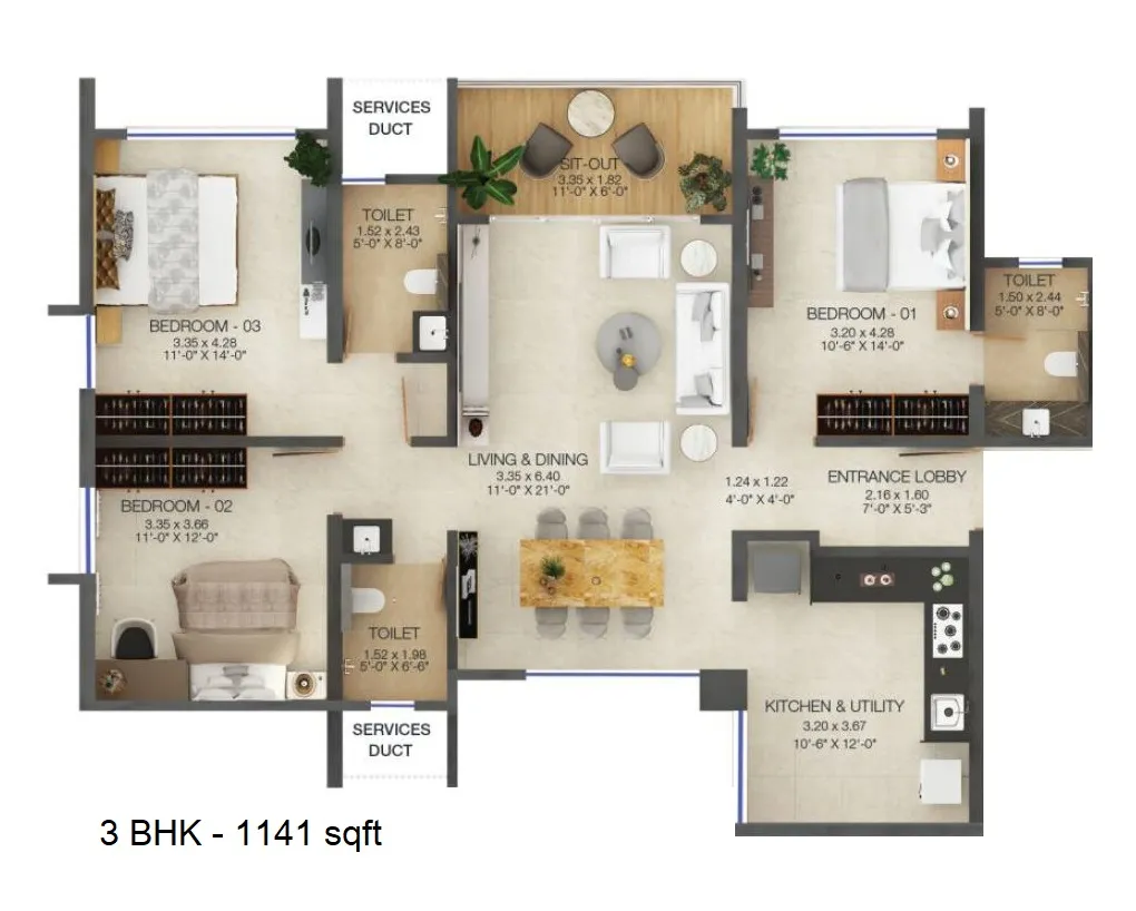 Majestique The Ornate Unit plan - 1141 sq.ft.