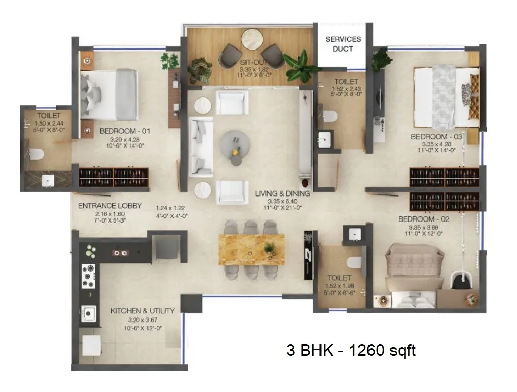 Majestique The Ornate Unit plan - 1260 sq.ft.