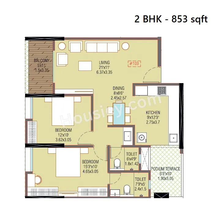 Majestique Towers East Unit plan - 853 sq.ft.