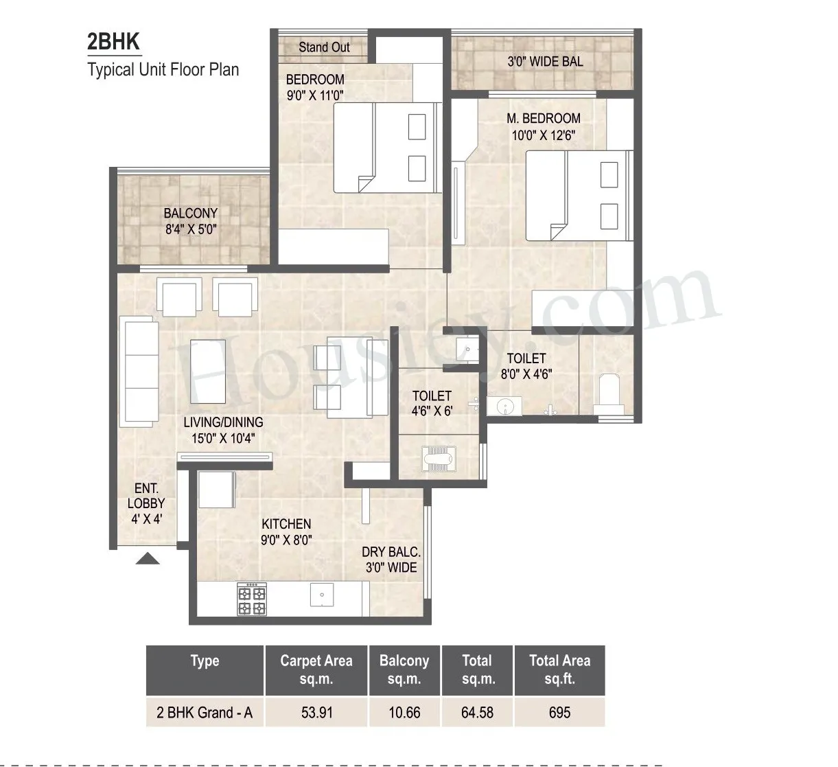Mangalam Life Park Unit plan - 695 sq.ft.