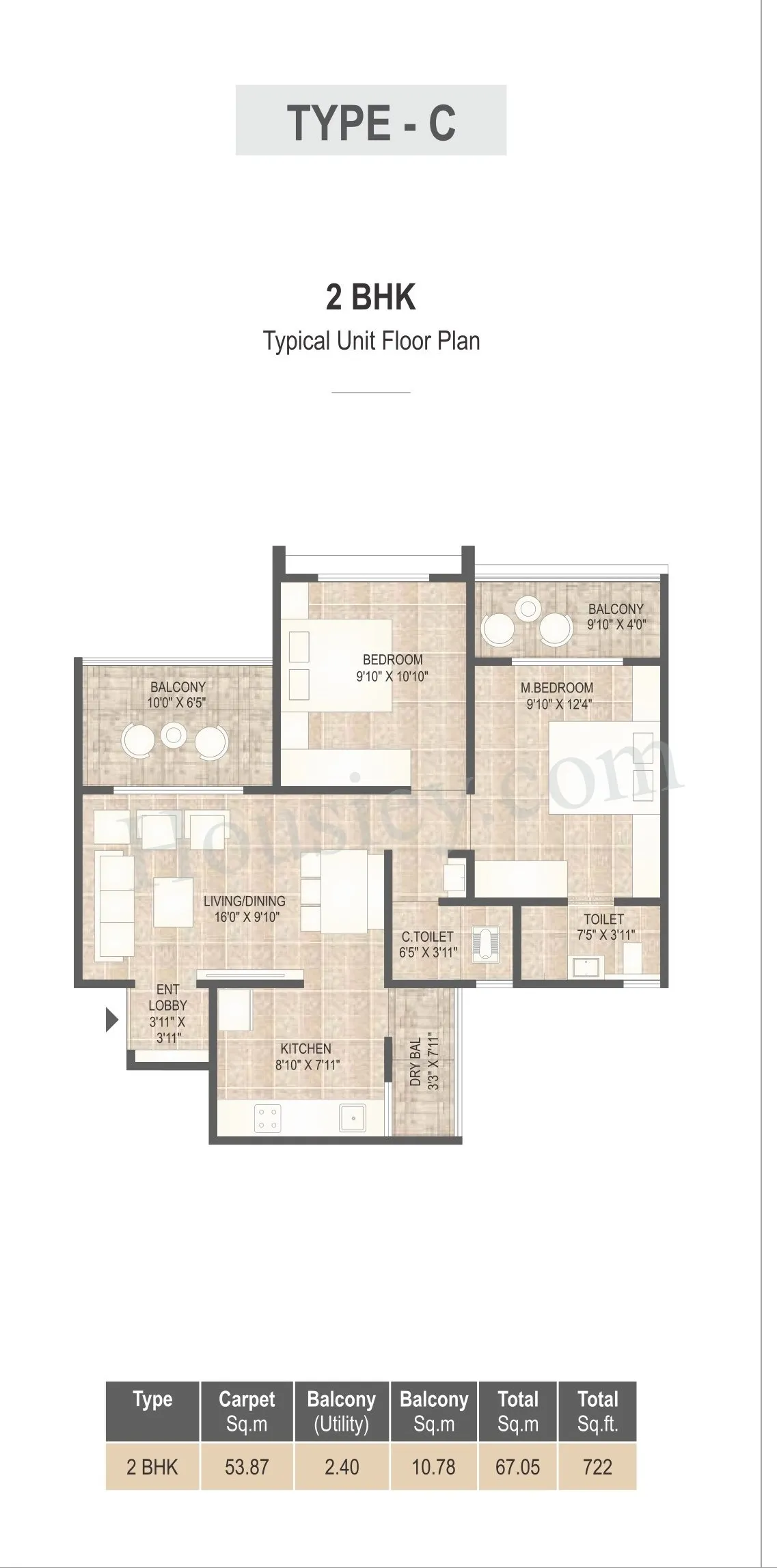 Mangalam Breeze Unit plan - 722 sq.ft.