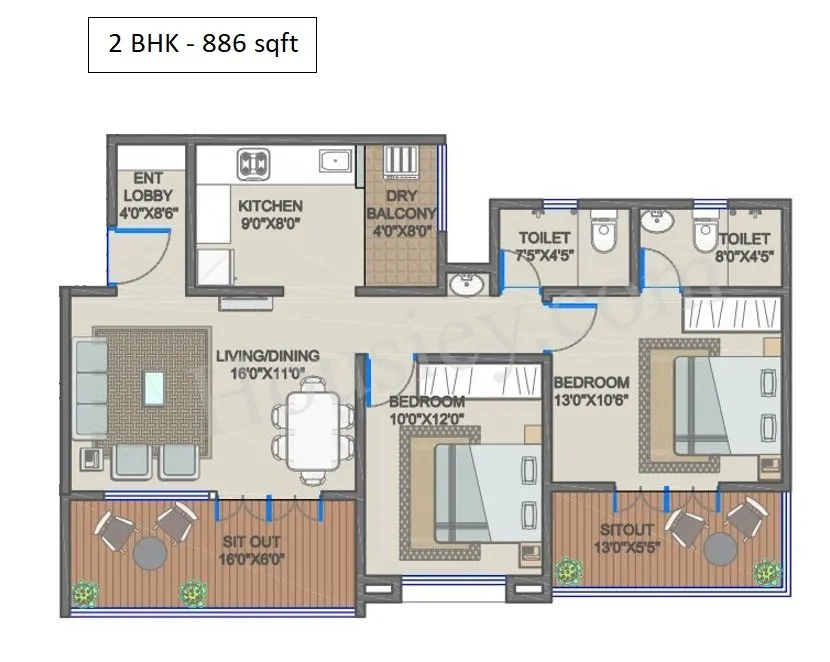 Miravet District Unit plan - 886 sq.ft.