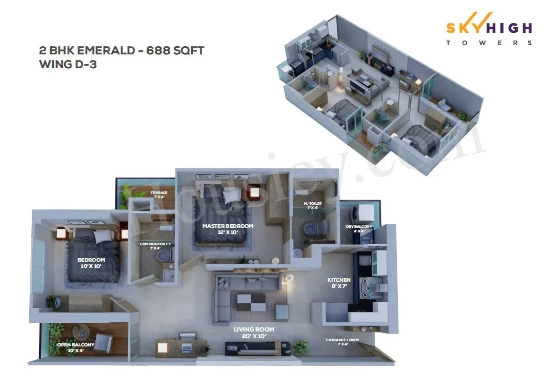 Mittal SkyHigh Towers Unit plan - 688 sq.ft.