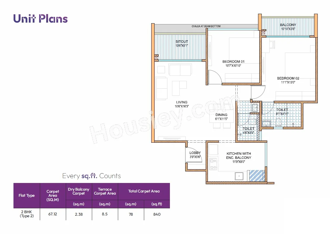 My Home Akurdi Unit plan - 840 sq.ft.