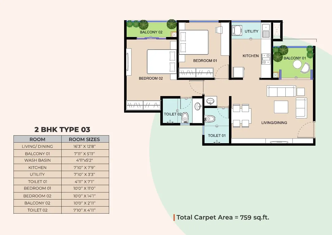 Goyal My Home Wakad Unit plan - 759 sq.ft.