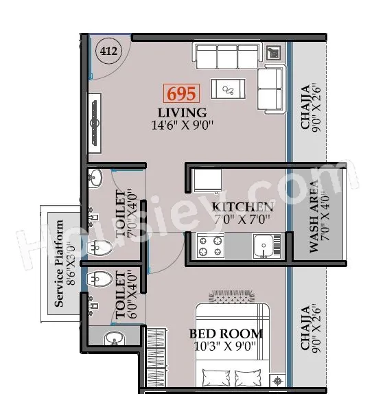 NMS 17 West Unit plan - 417 sq.ft.