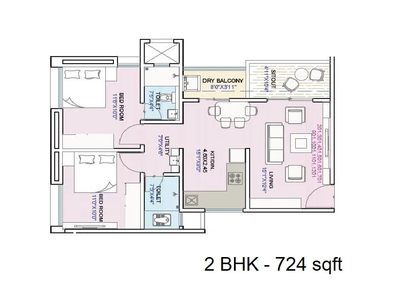 Unit plan - 724 sq.ft.