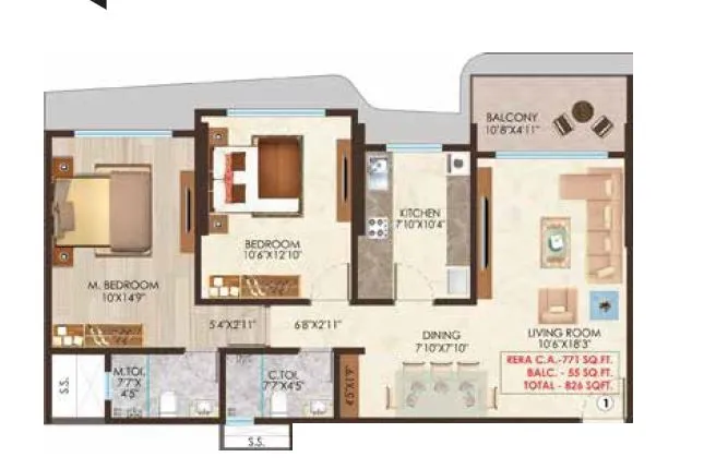 Neelkamal Nicco Residency Unit plan - 826 sq.ft.