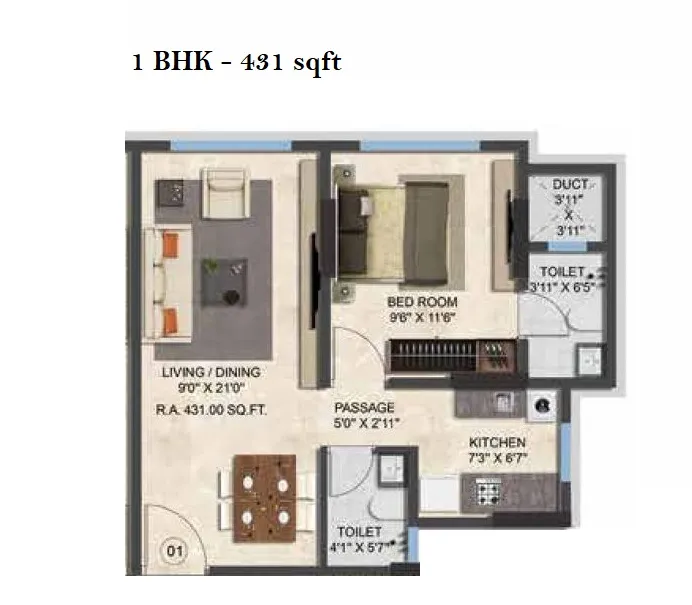 Nicco Ranbir Heights Unit plan - 431 sq.ft.