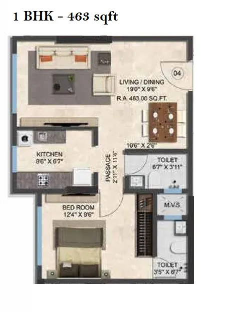 Nicco Ranbir Heights Unit plan - 463 sq.ft.