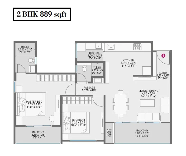 Nirman Astropolis Unit plan - 889 sq.ft.