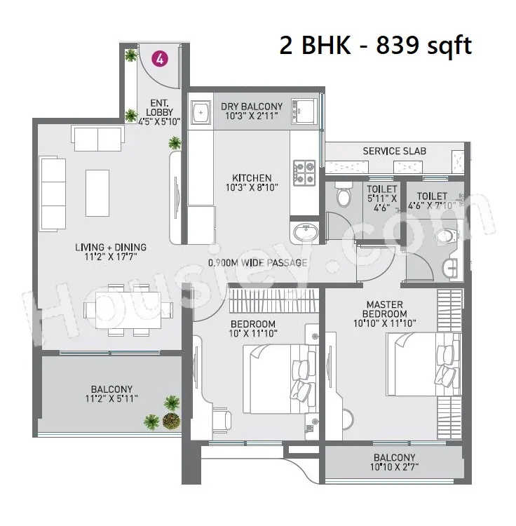 Nirman Cosmopolis Unit plan - 839 sq.ft.