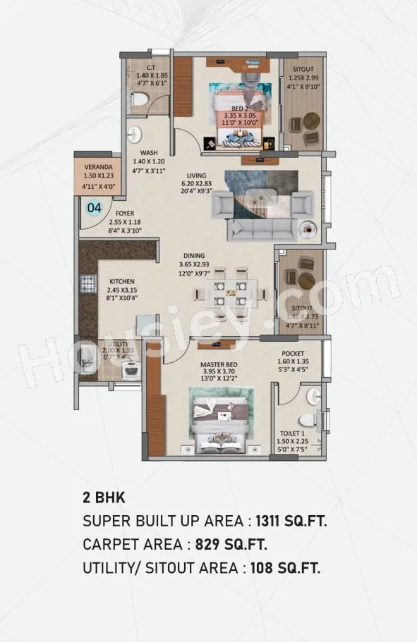Oceanus White Meadows Unit plan - 829 sq.ft.