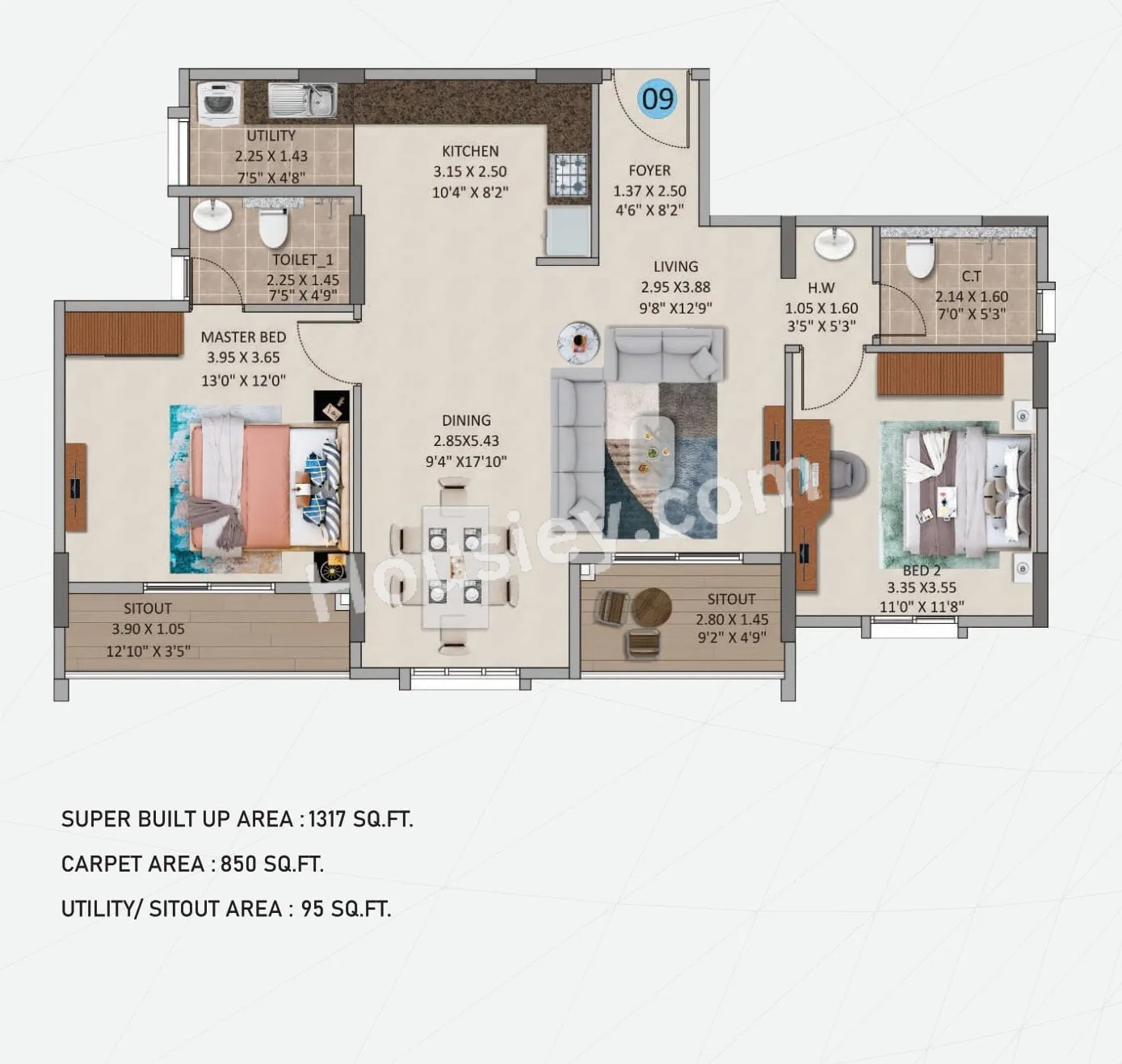 Oceanus White Meadows Unit plan - 850 sq.ft.
