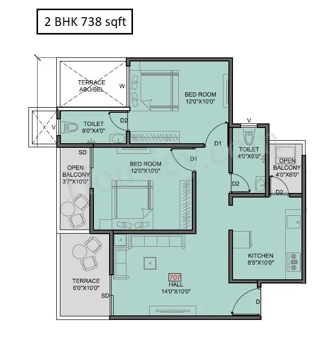 Keystone Oxy Eterno Unit plan - 738 sq.ft.