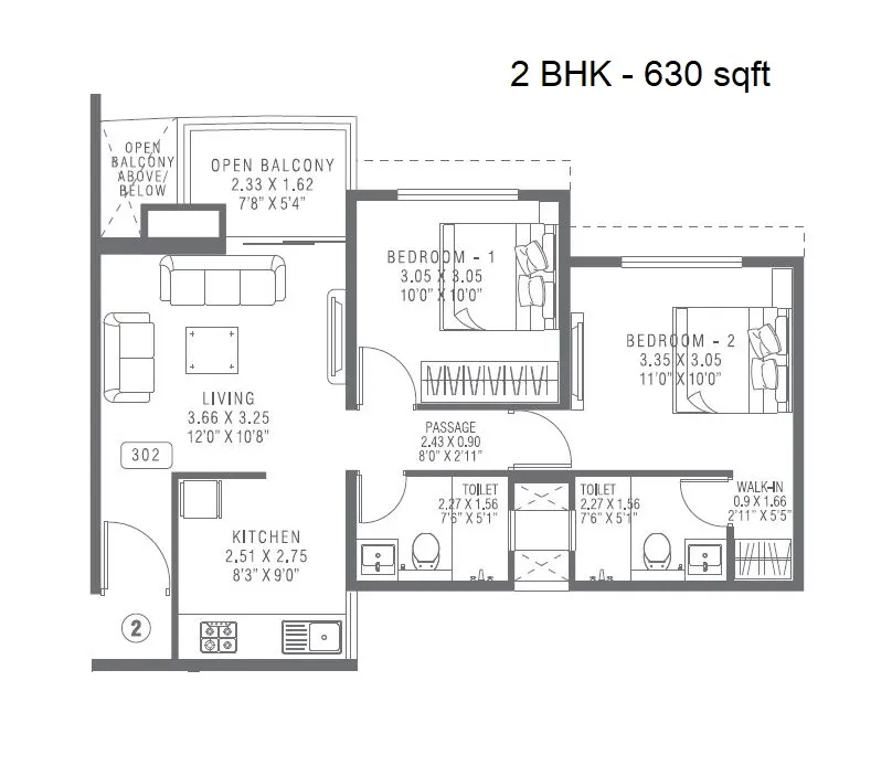 Pharande Puneville Phase 3 Unit plan - 630 sq.ft.