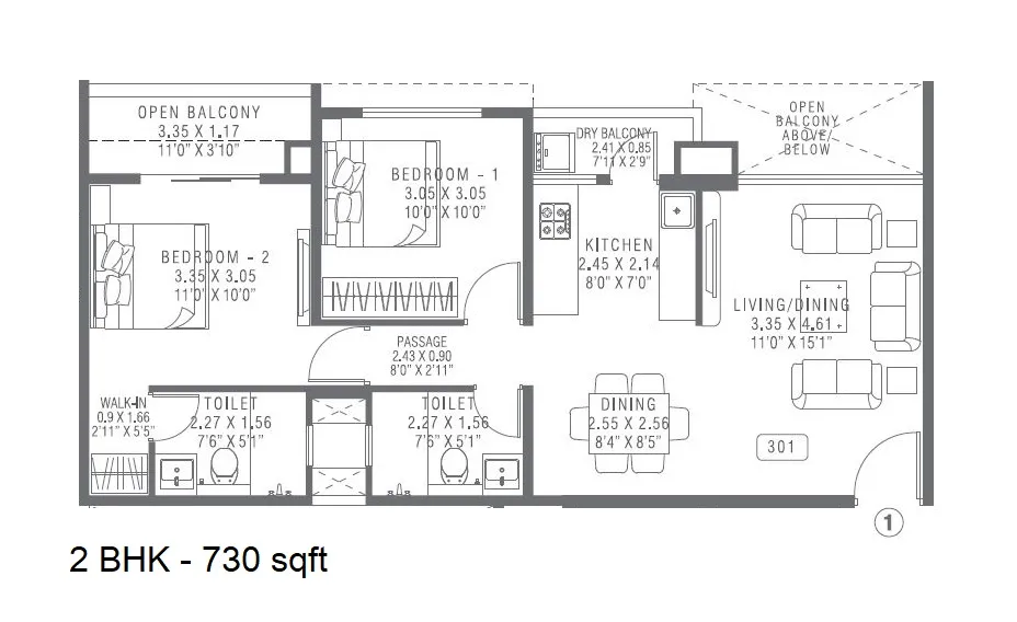 Pharande Puneville Phase 3 Unit plan - 730 sq.ft.