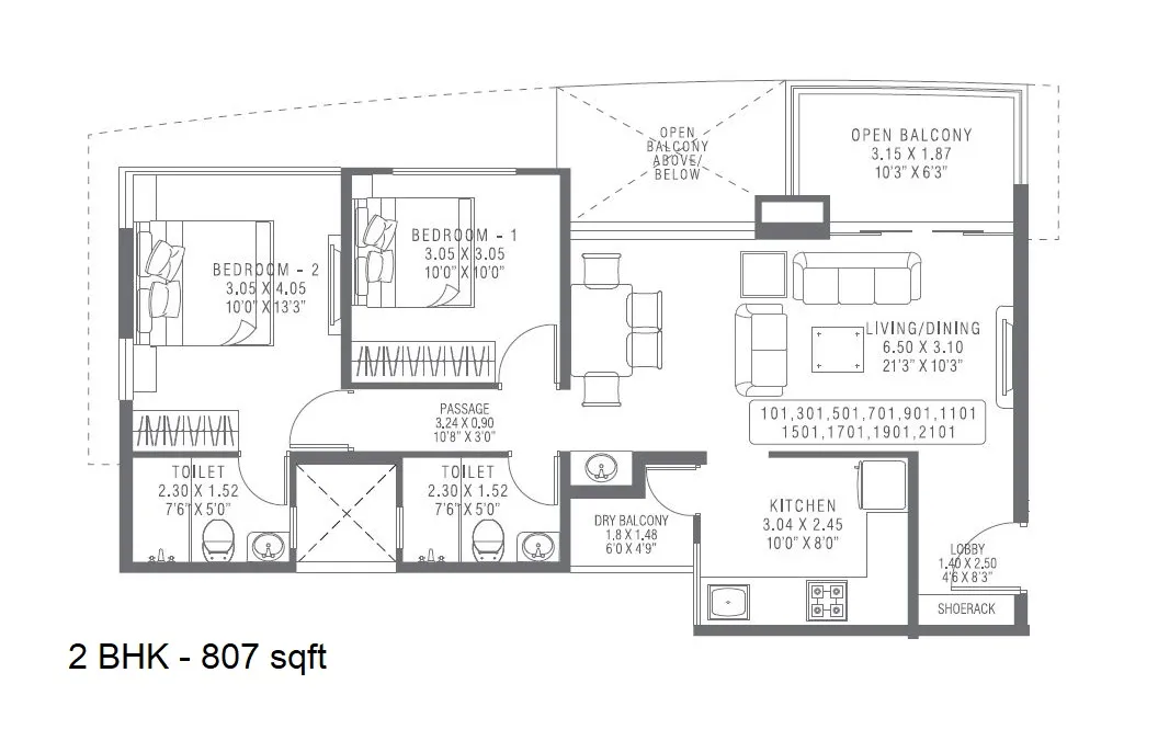 Pharande Puneville Phase 3 Unit plan - 807 sq.ft.