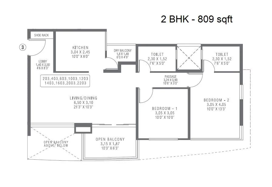Pharande Puneville Phase 3 Unit plan - 809 sq.ft.